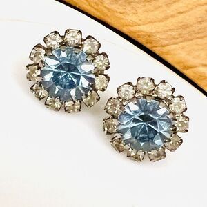 Vintage Laura Gayle Blue Clear Rhinestone Stud Sparkling Earrings Flower  1498